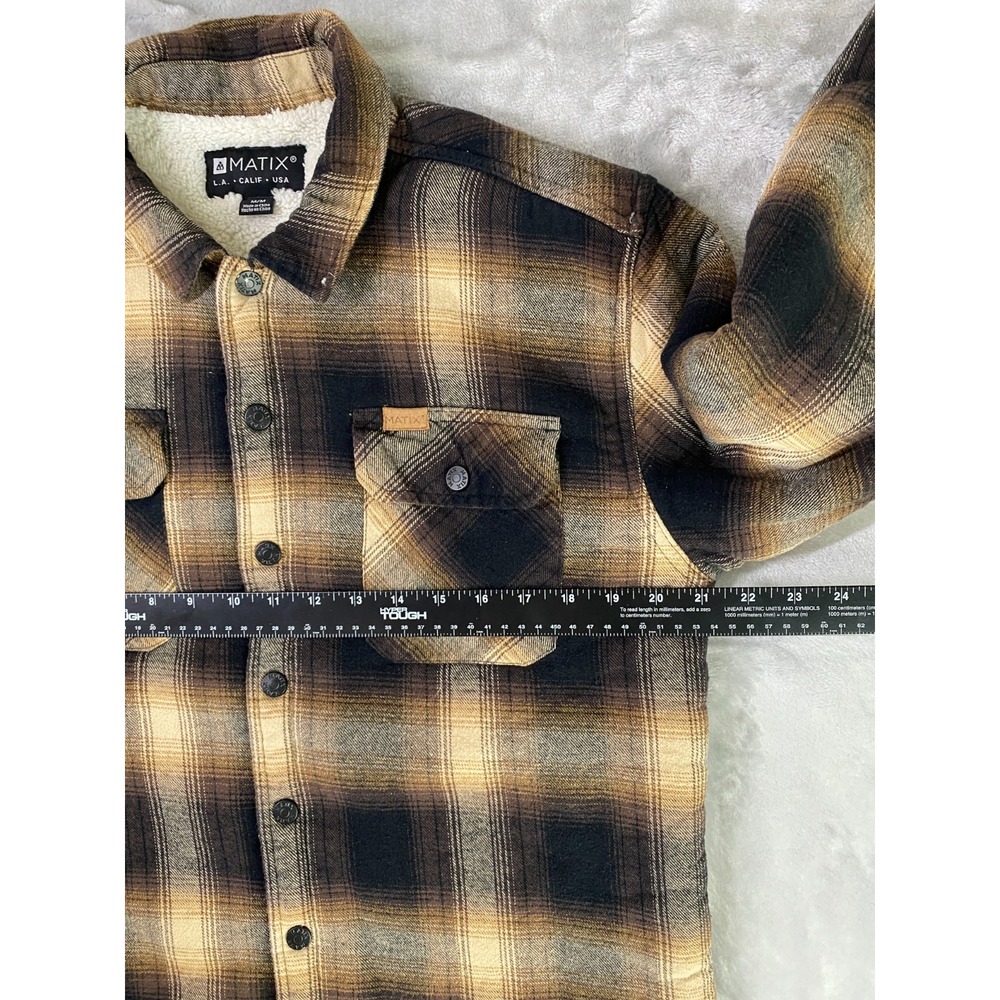 Matix Flannel Shirt Jacket Mens Medium Brown Plaid Sherpa Lined Shacket Coat - Picture 5 of 6